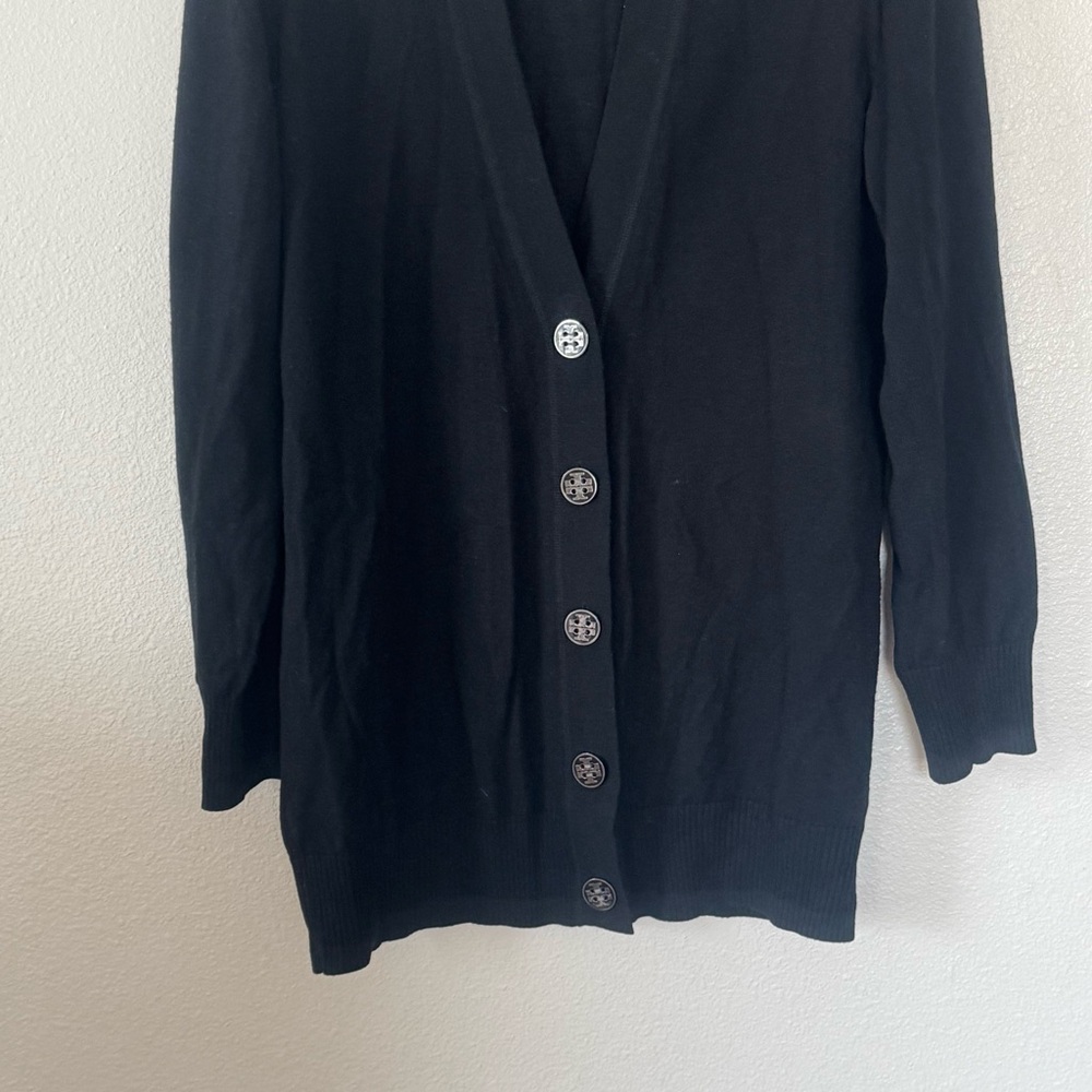 Tory Burch Black 100% Merino Wool Boyfriend Cardigan Sweater *holes M - Picture 2 of 14